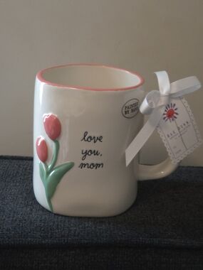 Rae Dunn Love You,Mom Ceramic Coffee Mug with Pink Trim And Raised Flower Detail